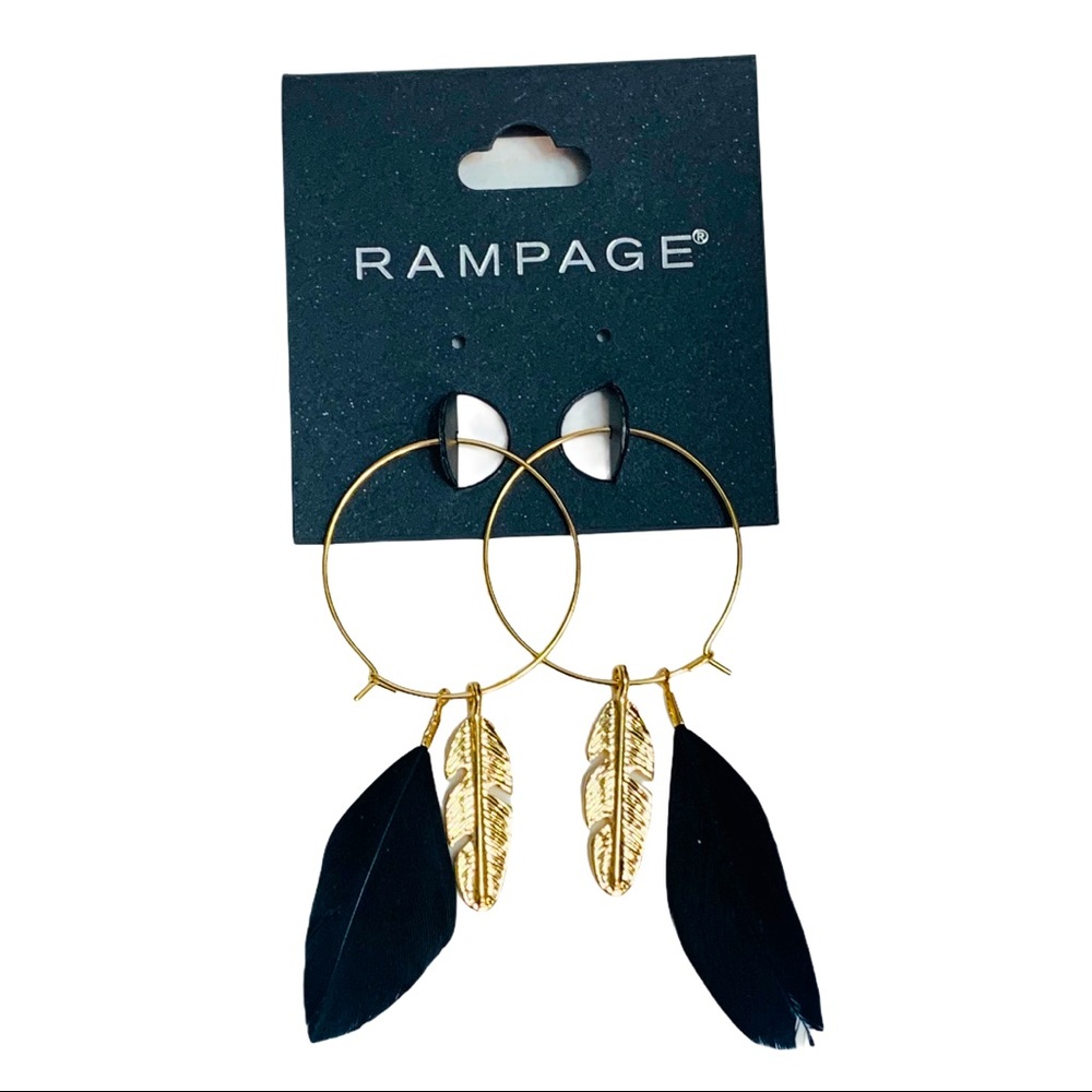 RAMPAGE Goldtone Black Feather Hoop Earrings NWT